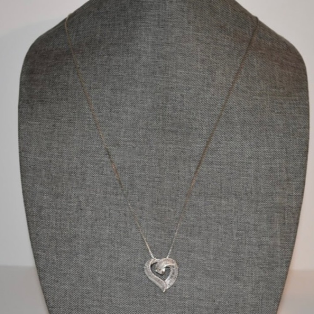 vintage sterling silver‎ rhineston heart necklace pendant 28"